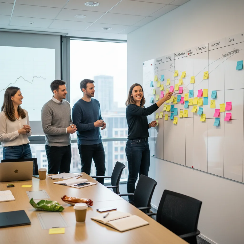 Team im Scrum-Meeting — gemeinsame Sprint-Planung und Abstimmung