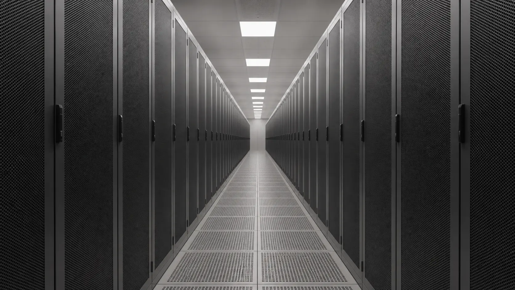 Eine Gasse zwischen zwei Reihen geschlossener Serverschränke, Blick in die Fluchtlinie