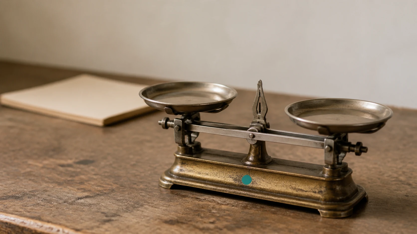 An old brass balance scale with two empty pans, the beam level
