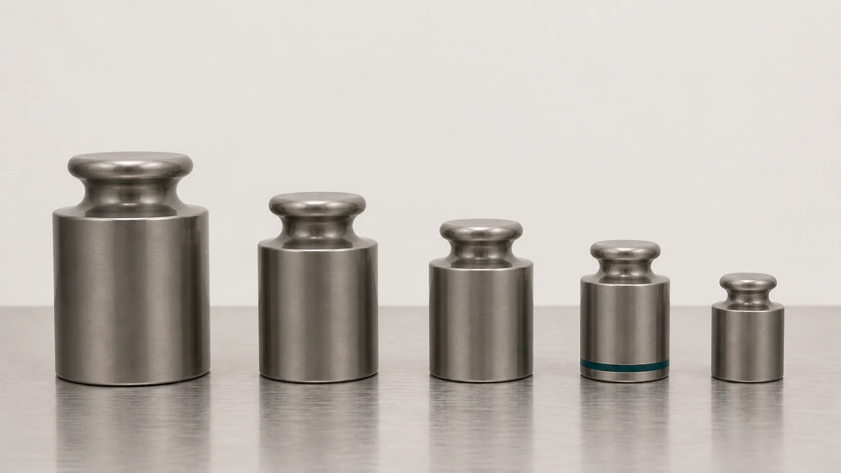 Five steel laboratory weights in a row, largest to smallest, the second smallest carrying a teal ring