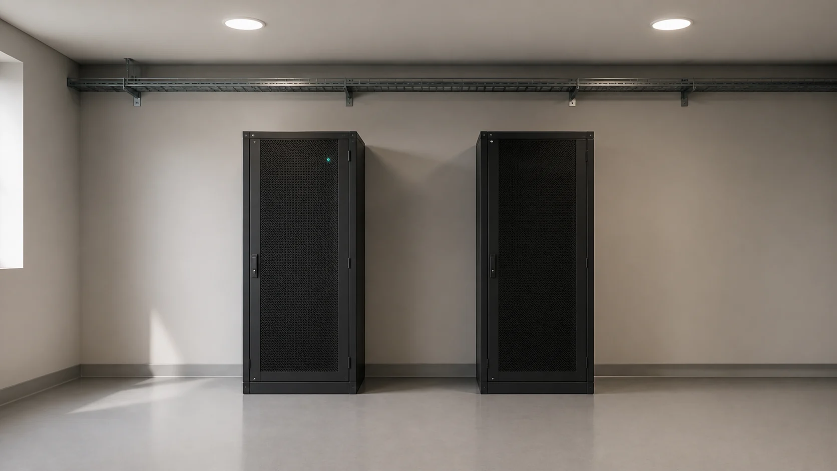 Zwei geschlossene schwarze Serverschränke an einer hellen Wand in einem aufgeräumten Technikraum, darüber eine Kabeltrasse, links Tageslicht durch ein Fenster