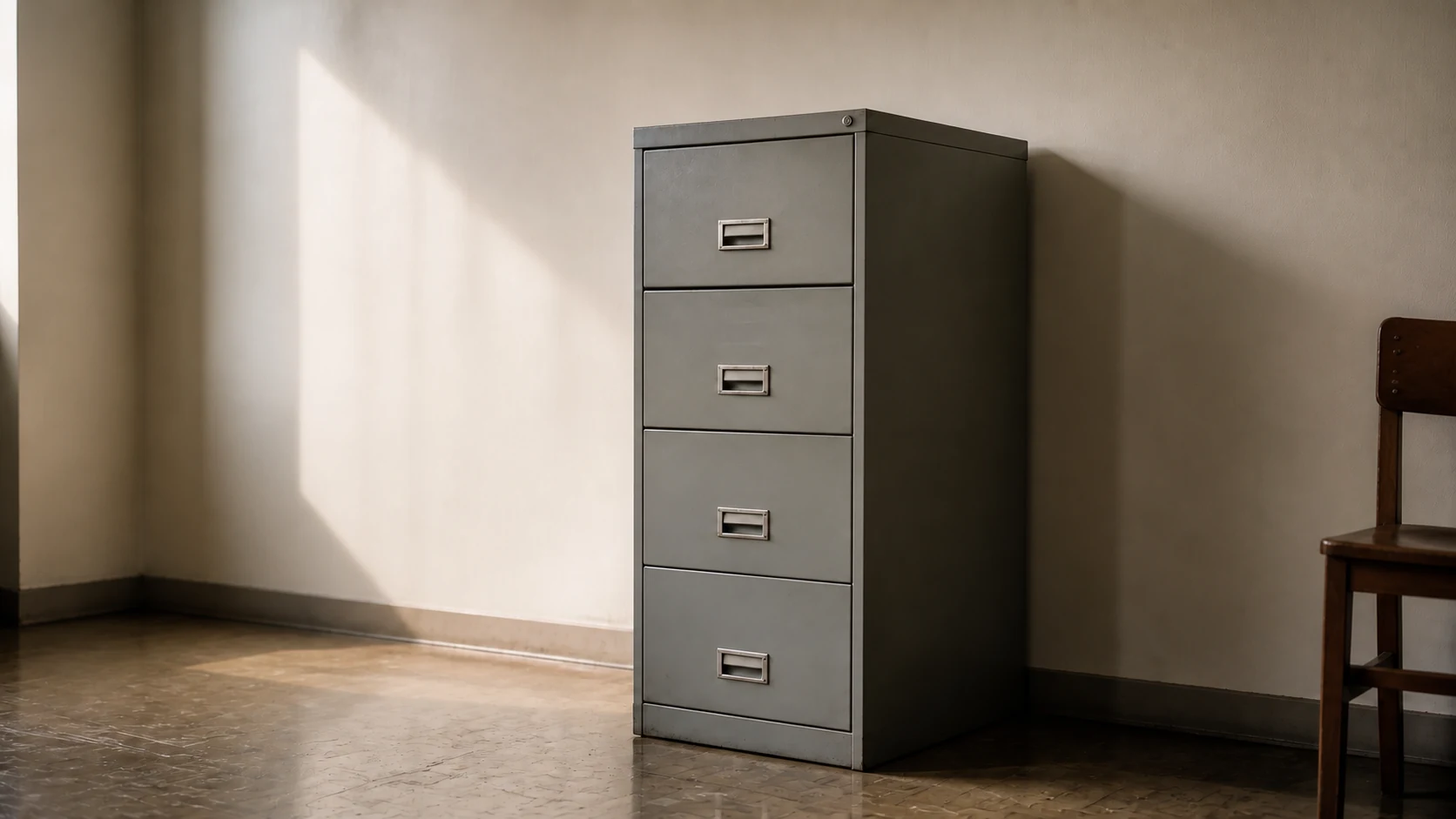Ein geschlossener grauer Aktenschrank aus Stahl in einem leeren Büroraum, Nachmittagslicht von der Seite