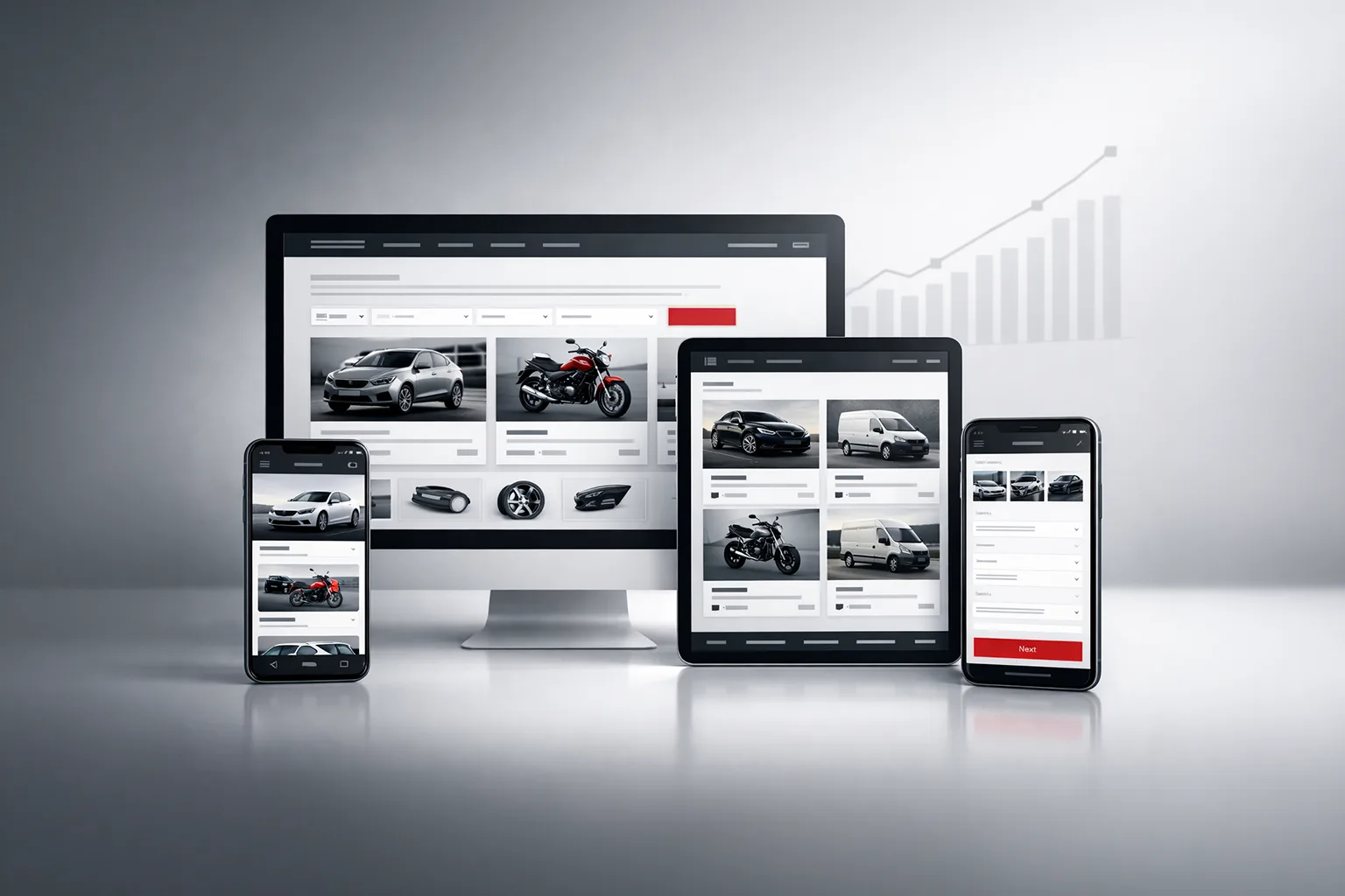 Vehicle marketplace across multiple devices — cars, motorcycles and commercial vehicles in a multi-device mockup with growth chart