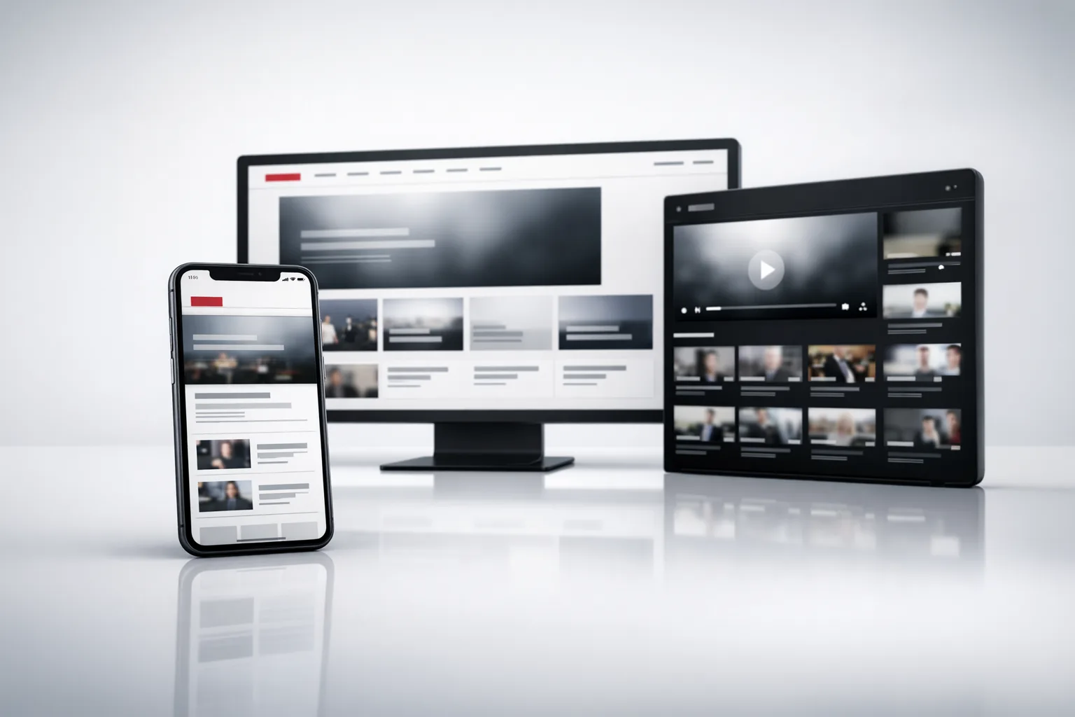 Plattform-Redesign auf mehreren Geräten: Desktop, Tablet und Smartphone einer Schweizer News-Plattform