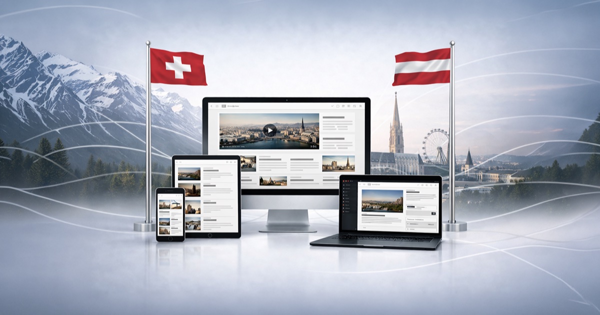 News platform expansion from Switzerland to Austria — multi-device mockup with CH/AT flags