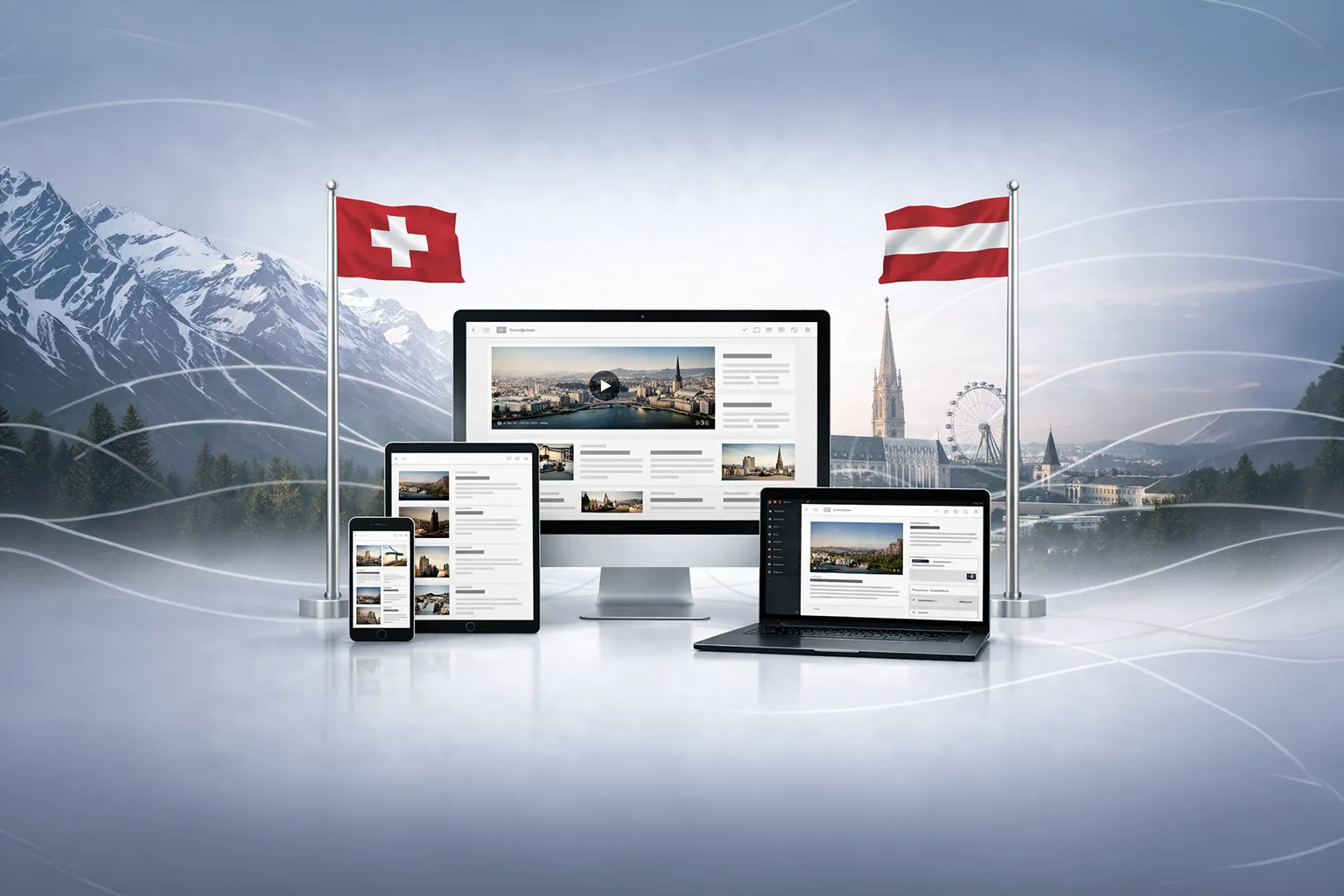 Swiss and Austrian flags with multi-device mockup of a news platform against Alpine and Vienna city panorama